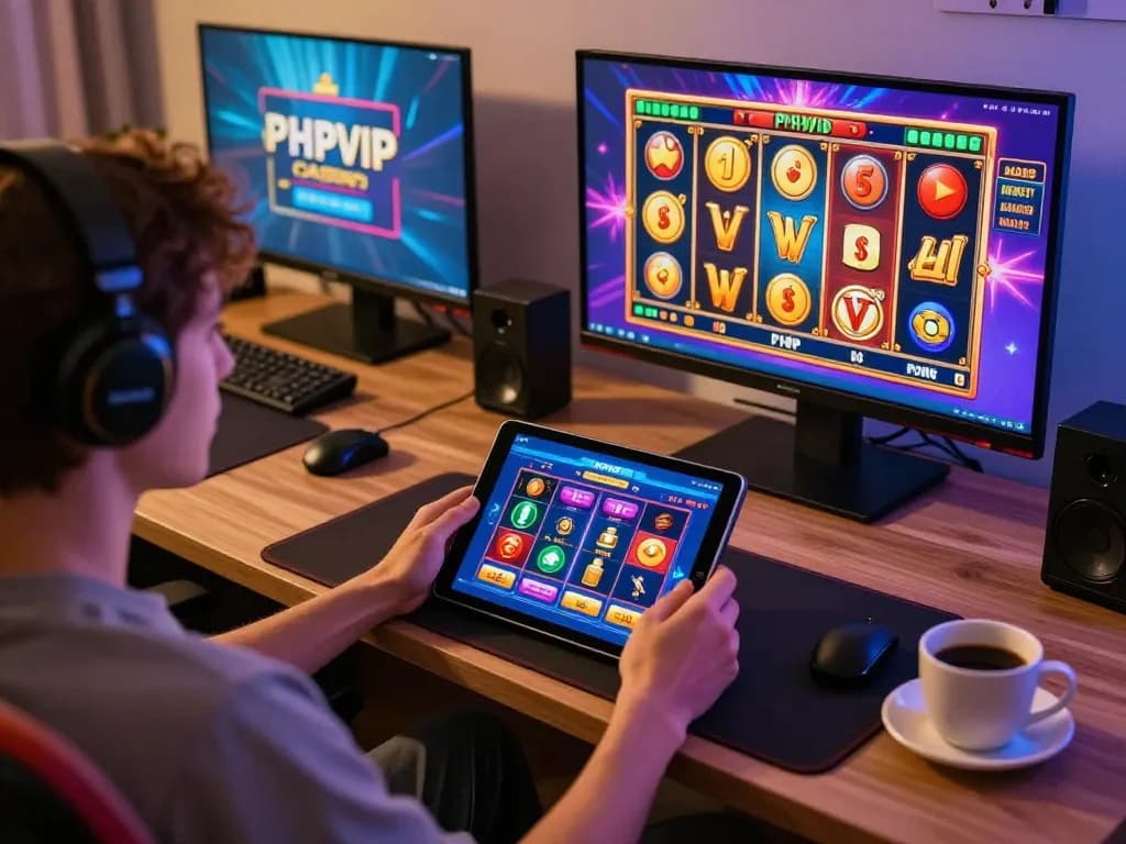 Person gaming on the PHPVIP app, showcasing exciting slot action in a cozy home setting.