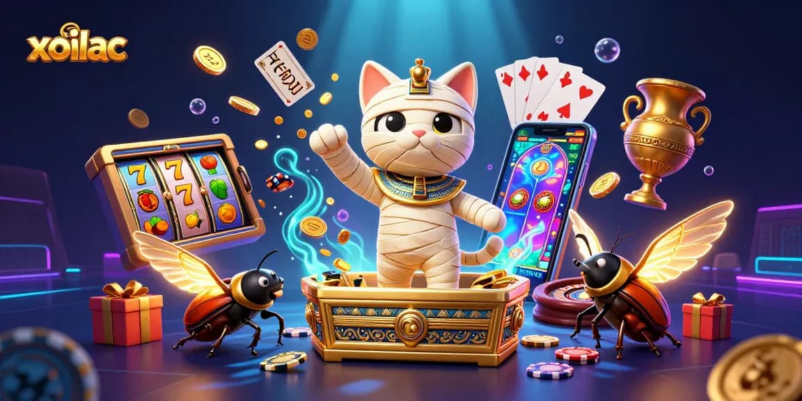 Engage with xoilac's enchanting slot games highlighted by a mummy cat and scarab beetle.