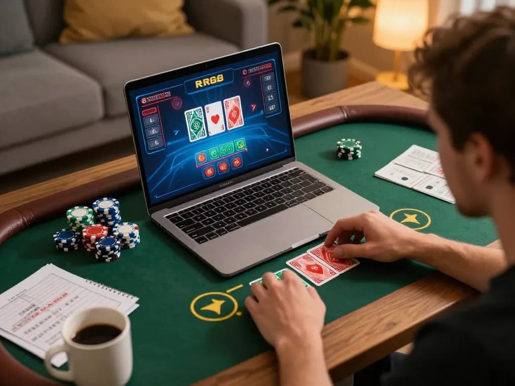 Engaging in online gambling at RR88, showcasing a dynamic live dealer game and a cozy setup.