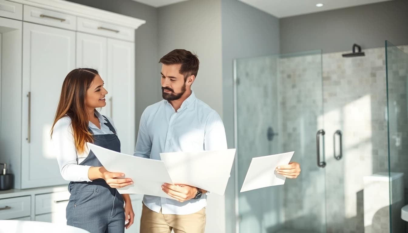 Bathroom remodeling contractors consult with a homeowner showcasing modern design samples.