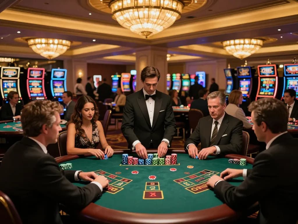 mb668 players placing bets at lavish blackjack tables in an upscale casino environment.