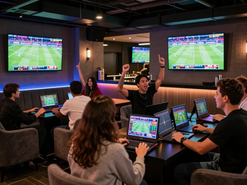 Engaged bettors enjoying live sports in a stylish mk8 betting lounge during an exciting match.
