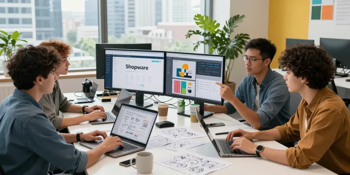 Team von SP Webconsulting arbeitet in einem lebhaften E-Commerce-Arbeitsbereich zusammen.