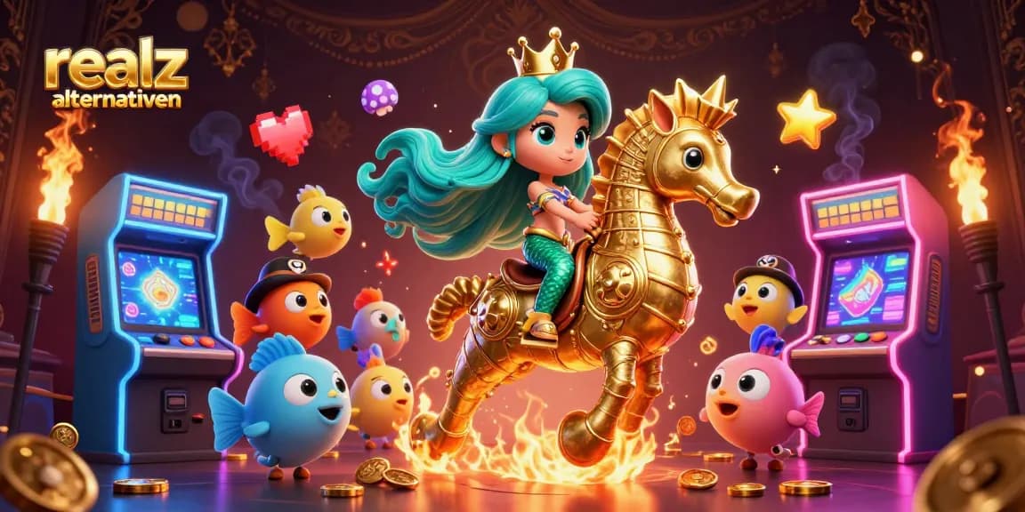 Erleben Sie spannende actionreiche Momente mit realz casino Alternativen, umgeben von bunten Spielmaschinen und einer Meerjungfrau.