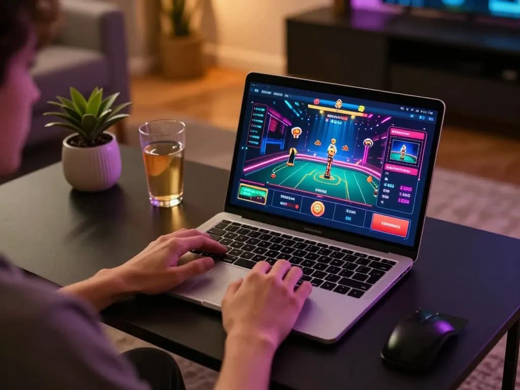 Engaging in dynamic online casino gameplay at DN88 with a sleek laptop and vibrant screen.