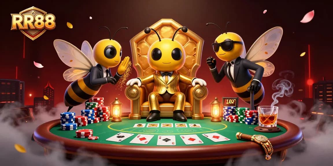 RR88 showcases a lively poker scene with a mob boss, wasp bodyguards, and magical butterfly in a casino.