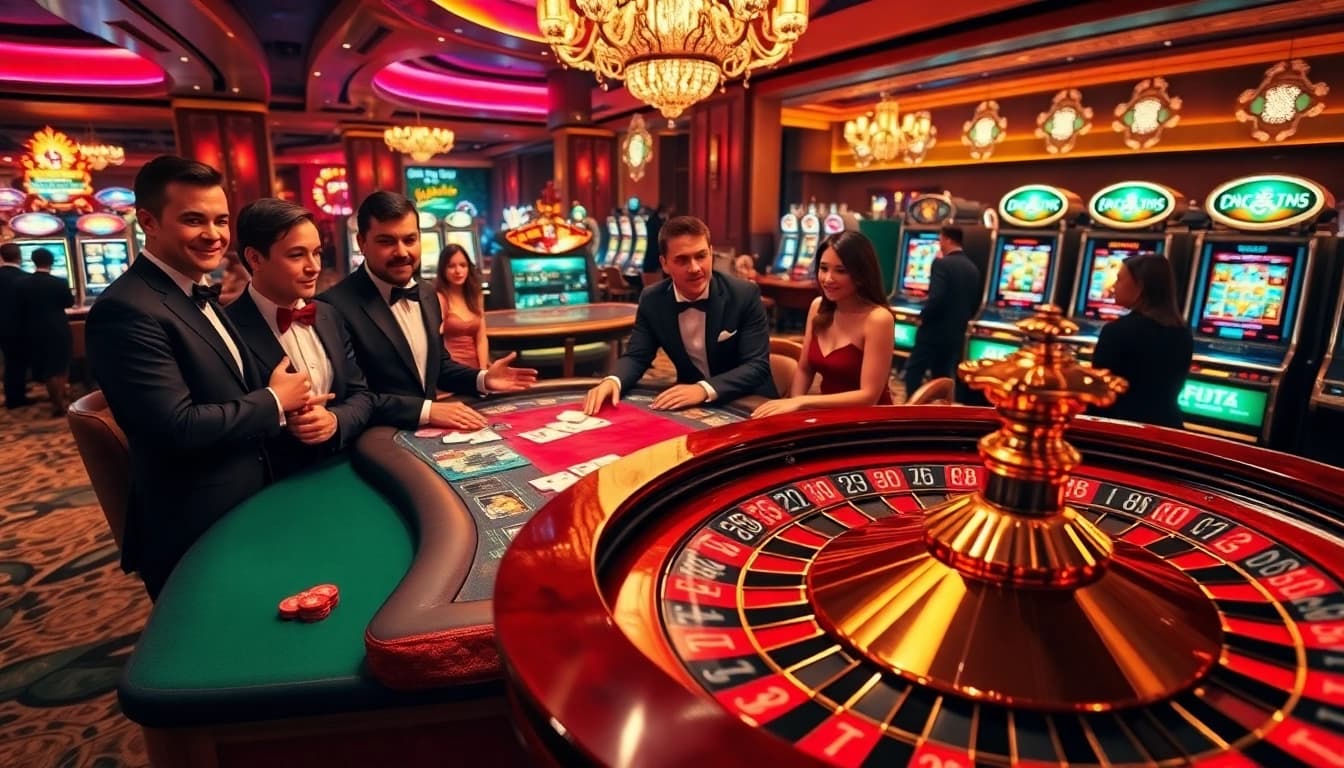 Players enjoying a high-stakes game at NK88 casino, surrounded by luxurious decor and vibrant slot machines.