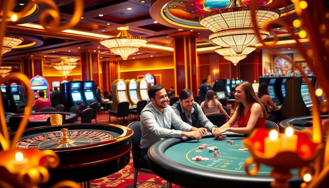 Experience the excitement of mm88 with a vibrant casino scene featuring poker tables and roulette wheels.