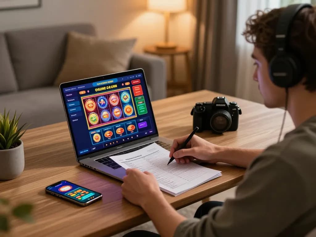 KJC player strategizing betting in a modern online casino setup, showcasing responsible gaming practices