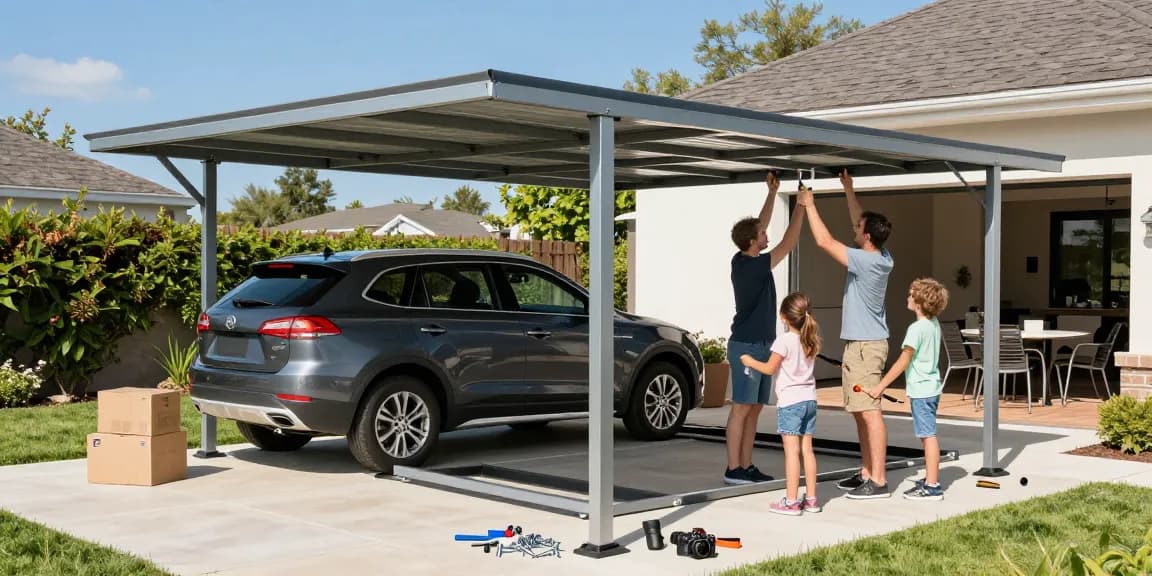 Familie bei der Montage eines Carports im Garten, Gemeinschaftsarbeit und sonnige Atmosphäre.