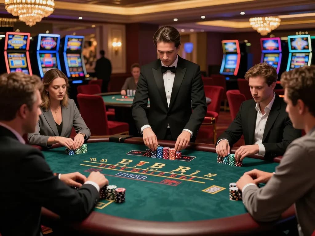 Agen Casino Online players intensely focus on their strategies at a high-stakes blackjack table.