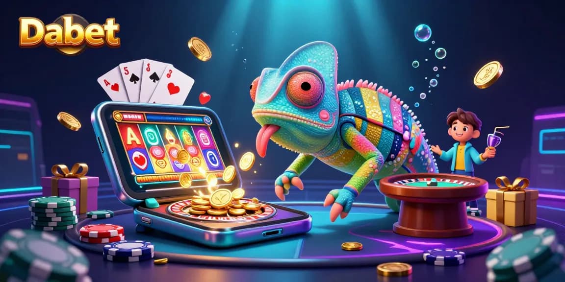 Dabet brings the thrill of winning with a vibrant casino scene featuring a chameleon owner and exciting games