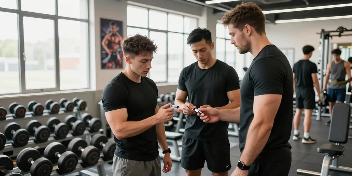 Aktive Bodybuilder im Anabolika Shop – sicheres Spritzen von Steroiden in modernem Fitnessstudio.