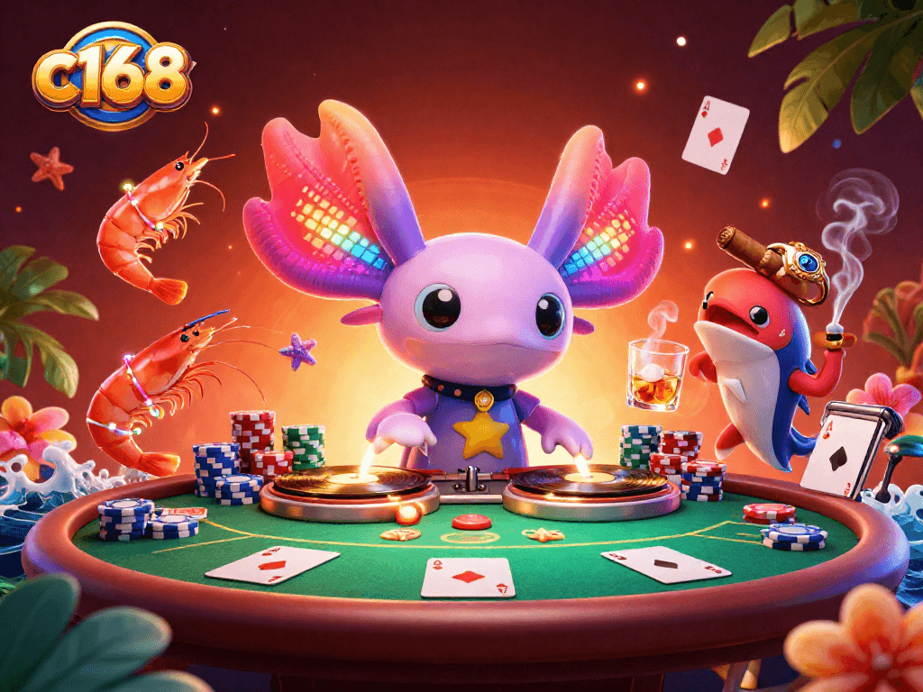 Experience the vibrant energy of c168 with a neon-themed casino illustration showcasing poker excitement.