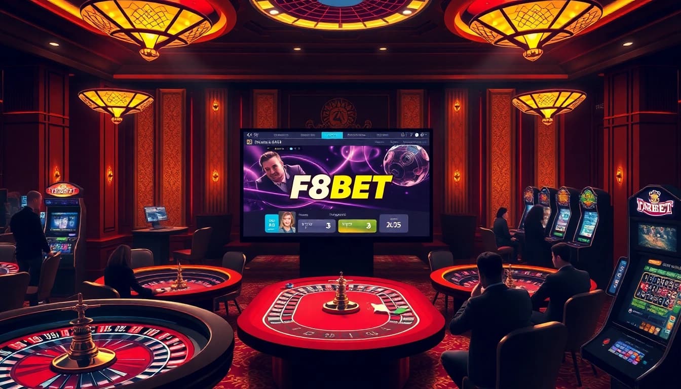 F8BET delivering a high-stakes gaming experience with vibrant casino elements.