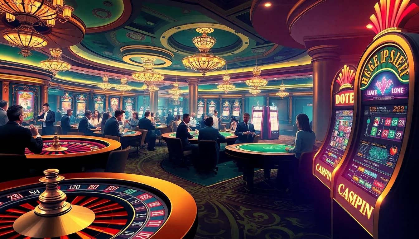Rebahin online gambling scene with players at poker tables and a spinning roulette wheel.