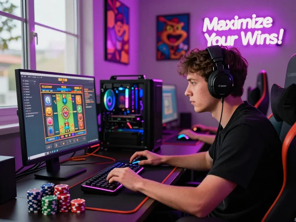 Pemain terlibat dalam permainan situs slot gacor, fokus intens pada layar laptop dengan pencahayaan RGB yang cerah dan aksesori permainan.
