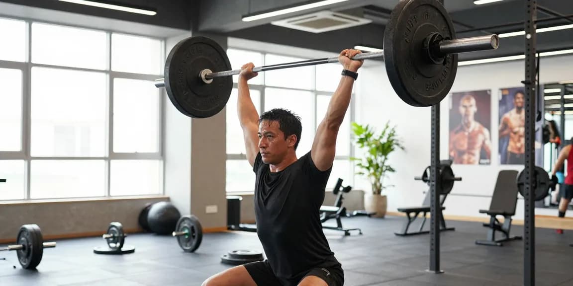 Aktiver Athlet im Astera Shop während des Trainings mit einer Langhantel in einem modernen Fitnessstudio.
