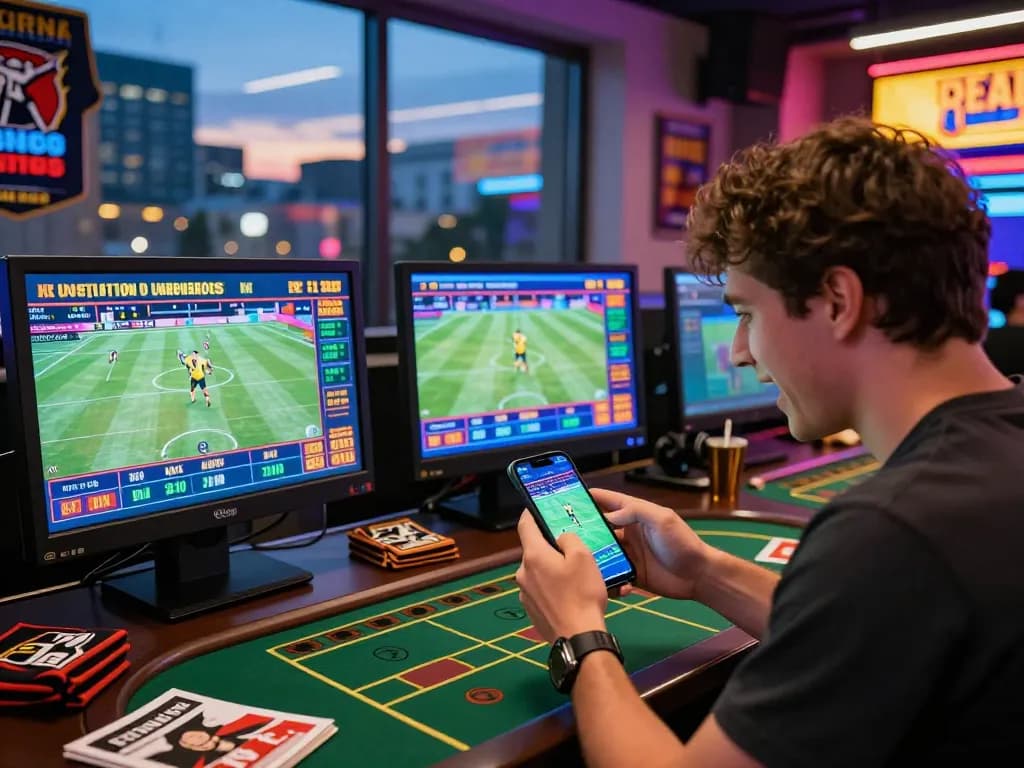 Person enjoying live betting on fb88 with dynamic sports displays and promotional graphics.