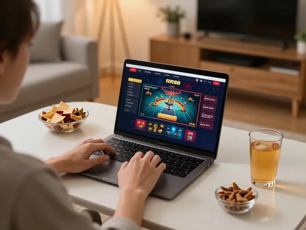 Engaging in RR88 online casino gameplay on a laptop in a cozy home setting