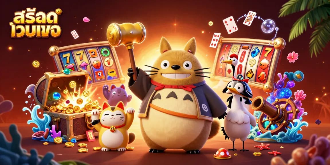 Engage in สล็อตเว็บตรง with cheerful tanuki and fortune cats in a dynamic casino celebration scene.