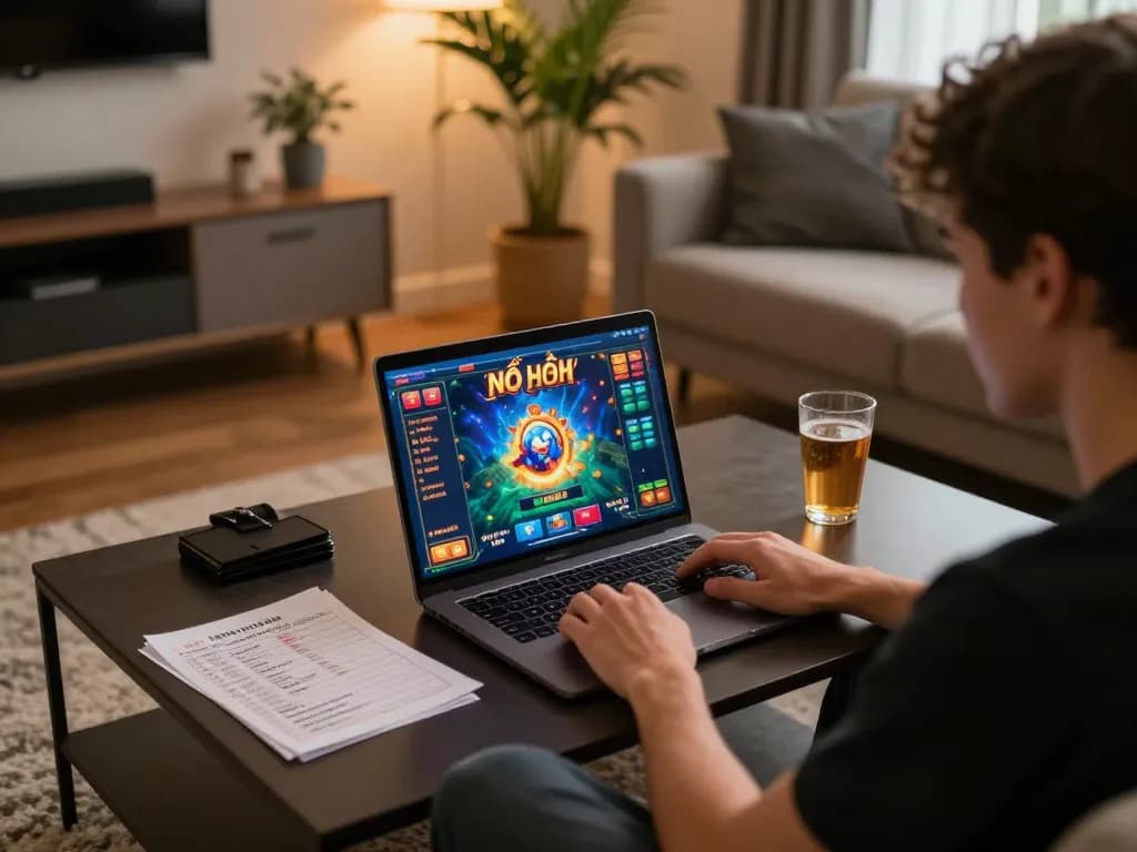 Engaging in game nổ hũ on a laptop in a cozy home setup with vibrant graphics on screen