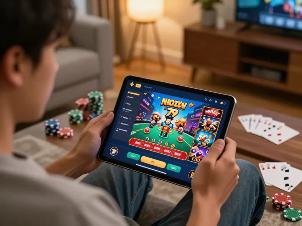 Engaging in fun79 online casino gaming with a tablet showcasing betting strategies