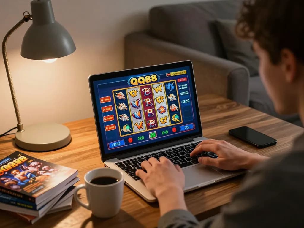 Experience QQ88 slot games in a cozy home setting, engaging gameplay on a laptop.