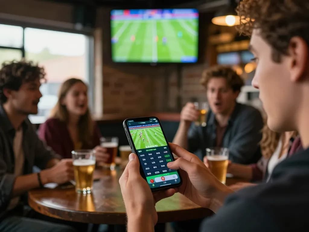 Person using mobile app to แทงบอล during live sports event with friends in a lively bar.