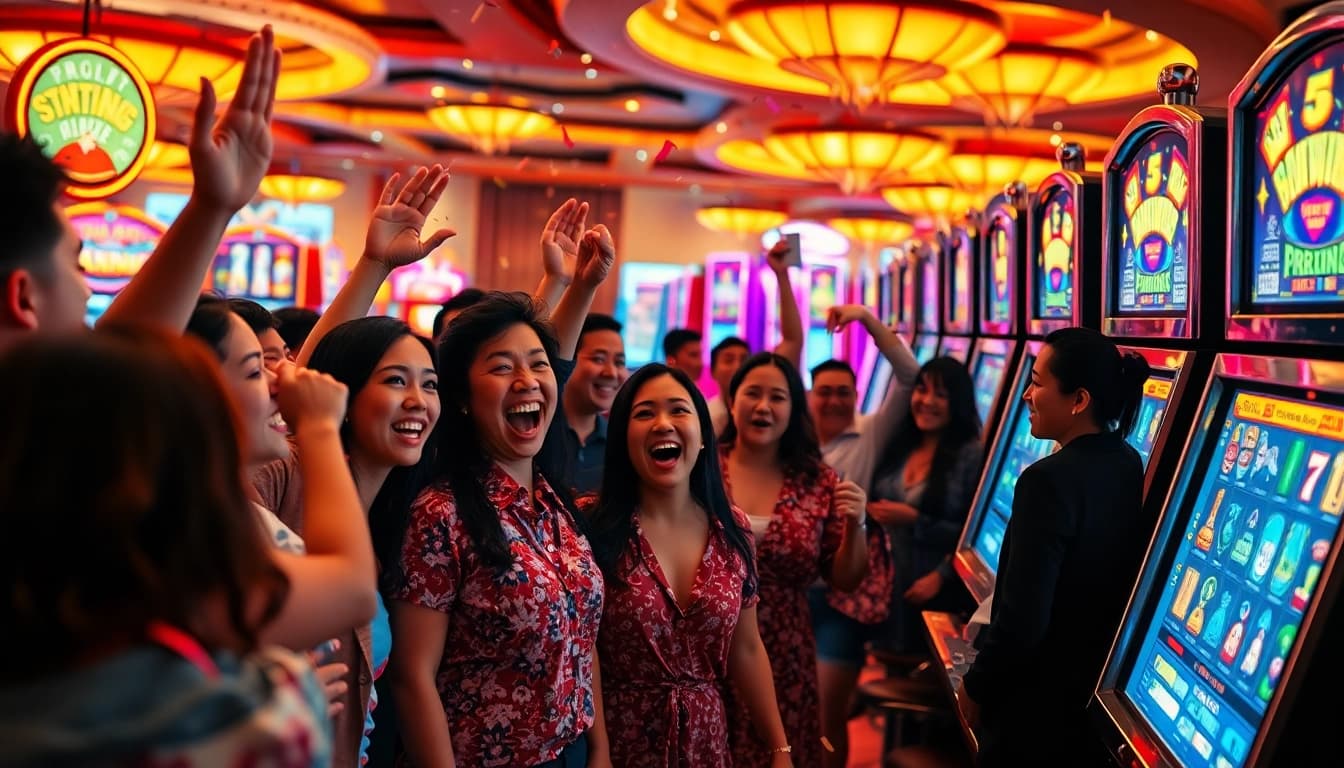 Menang besar di demo slot gacor yang berwarna-warni dengan kegembiraan pemain di kasino.