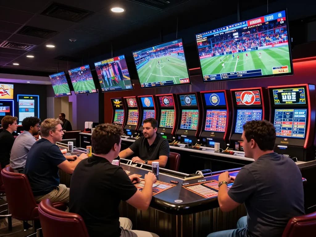Excited bettors reviewing odds and placing wagers at a sports betting lounge featuring siti scommesse stranieri sicuri