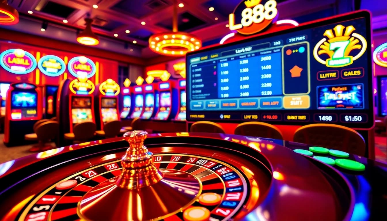 U888 online casino vibrant scene with roulette and slot machines highlighted for excitement.