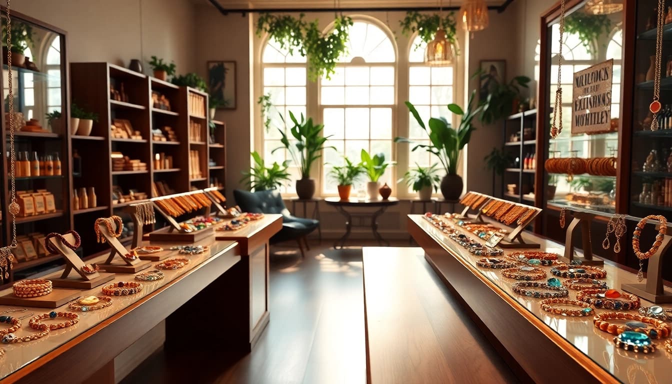Stunning collection of jewelry displayed in a spiritual jewelry shop, showcasing healing pieces.
