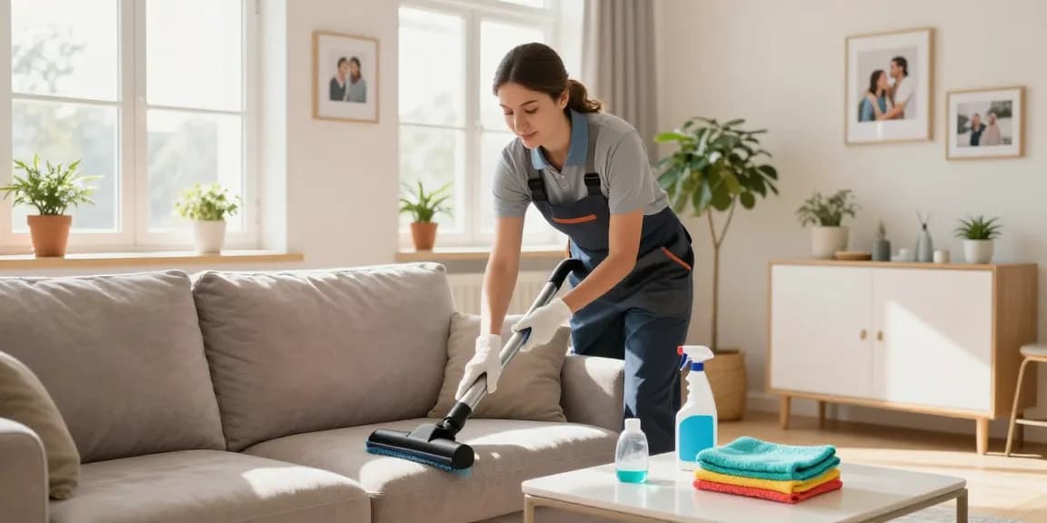 Professional cleaner performing wohnungsreinigung solothurn in bright and inviting living room, showcasing eco-friendly products and a warm atmosphere.