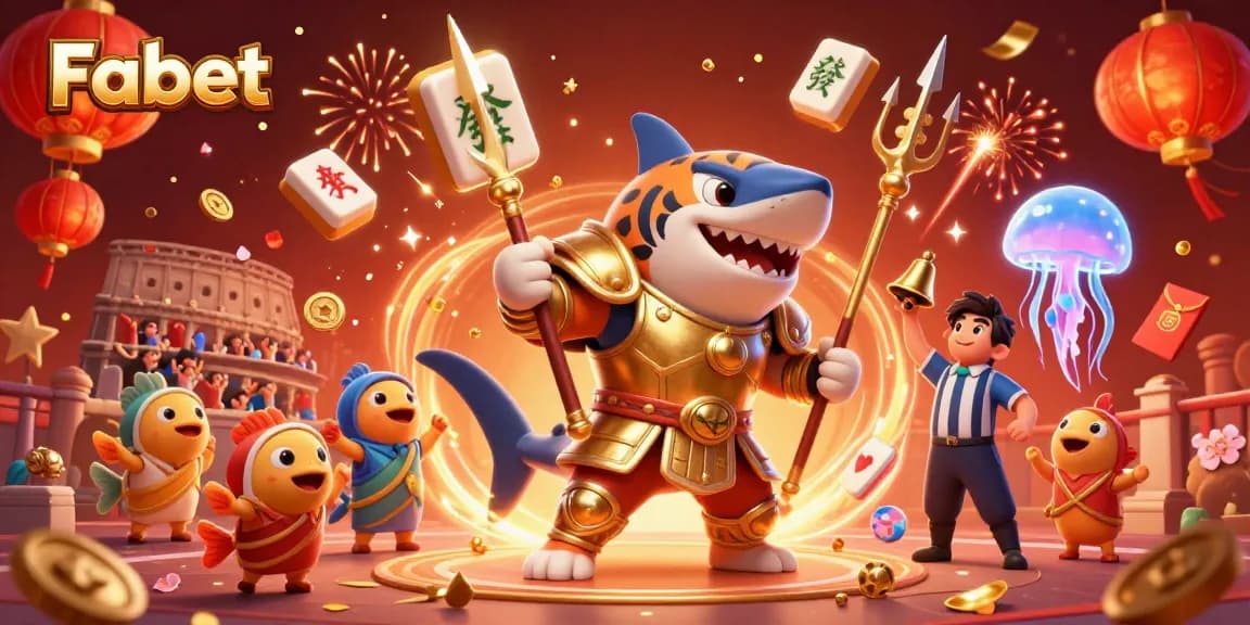 Experience the excitement of Fabet with this vibrant underwater casino scene featuring a gladiator shark.