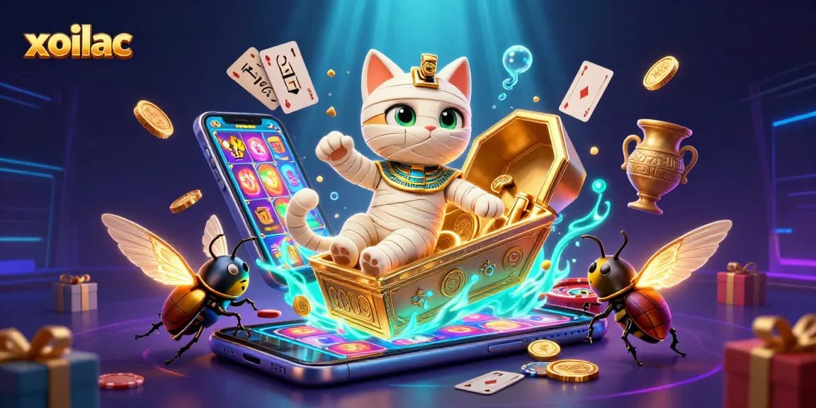Xoilac offers thrilling casino experiences with a mummy cat, glowing scarab, and vibrant gameplay elements.