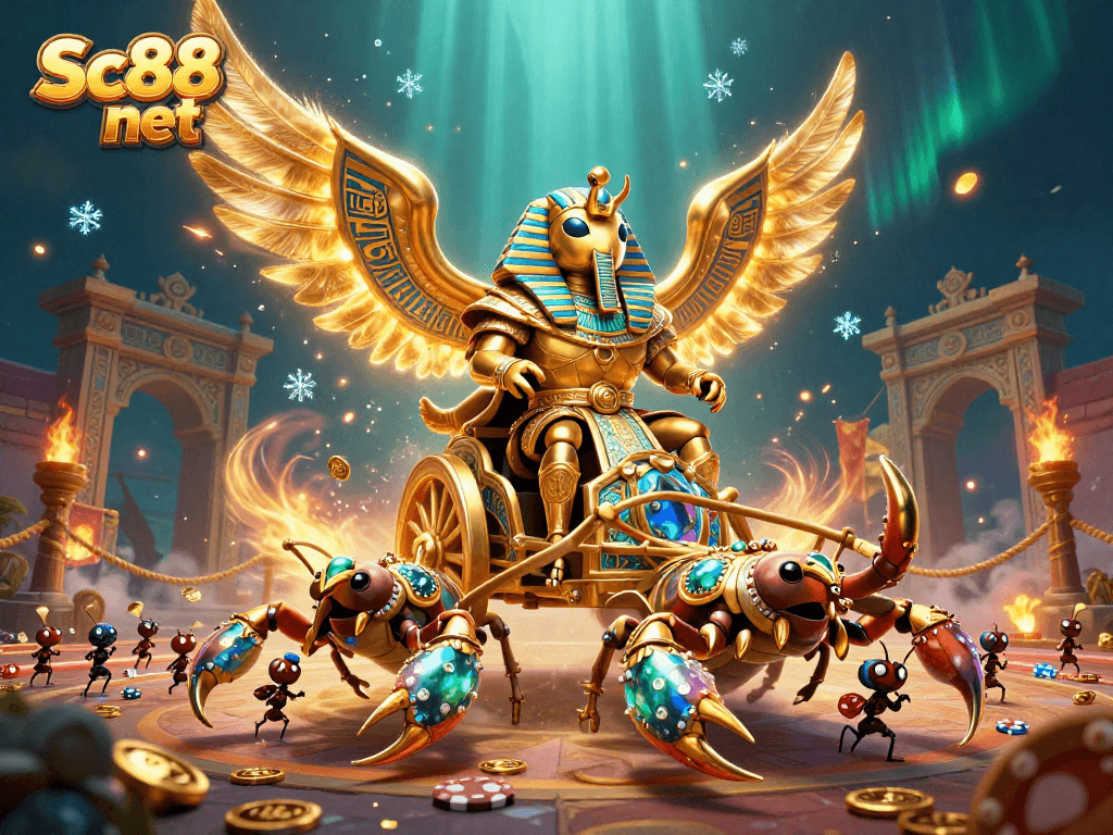 Engage in Sc88 net's thrilling betting games with a majestic golden scarab and dynamic 3D elements.