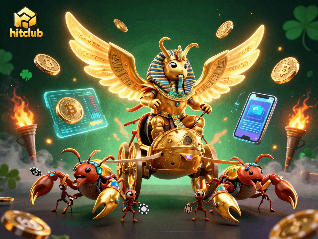 Experience thrilling adventures at hitclub’s vibrant online casino with gold and crypto-themed illustrations.