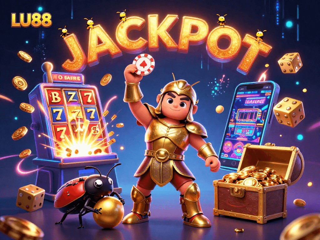LU88 showcases a triumphant beetle in casino glam with a jackpot theme, exemplifying winning strategies.