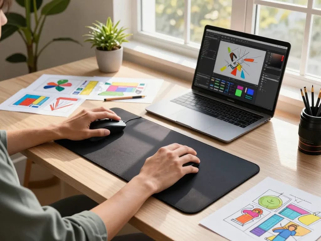 Custom 3D mouse pad with wrist support enhancing productivity in a creative workspace.
