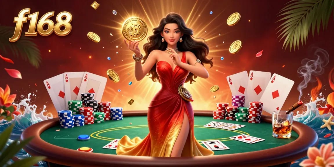 Experience thrilling action at f168 with a radiant Asian woman holding a golden coin amidst poker chips and playing cards.