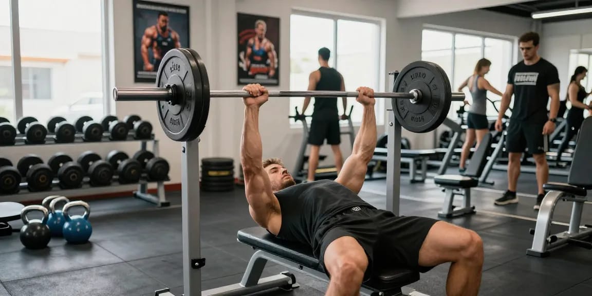 Starker Sportler hebt Gewichte in einem hellen Fitnessstudio und verkörpert die Prinzipien des Krafttrainings von Steroidshop.
