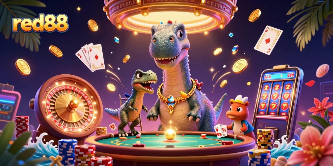 Experience the thrill of red88 with a vibrant 3D scene featuring animated characters at a lively casino.