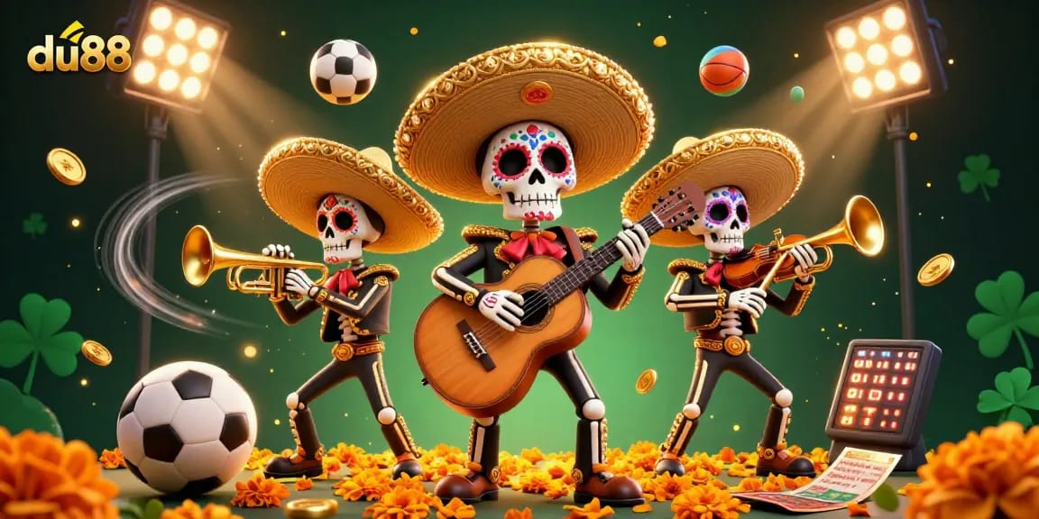 Engaging 3D illustration of du88 featuring a mariachi band and sports elements in a vibrant casino scene.
