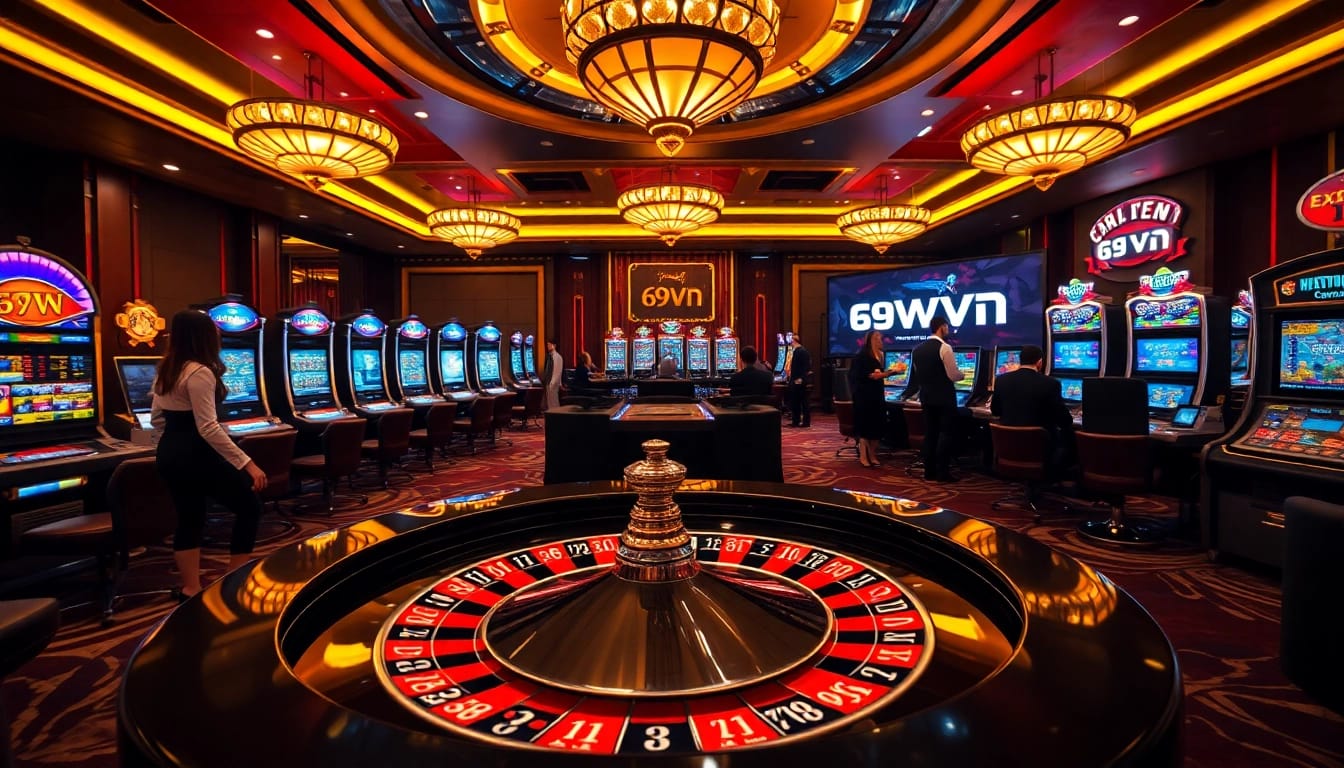 Engage in high-stakes gaming at 69VN's luxurious casino featuring roulette and slot machines.