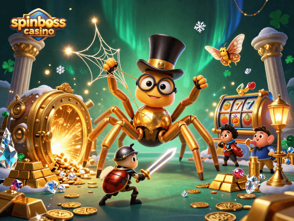 Das Spinboss Casino zeigt eine fantasievolle Szene mit einer goldenen Tarantel und einem Käfer-Ritter beim Spielen.