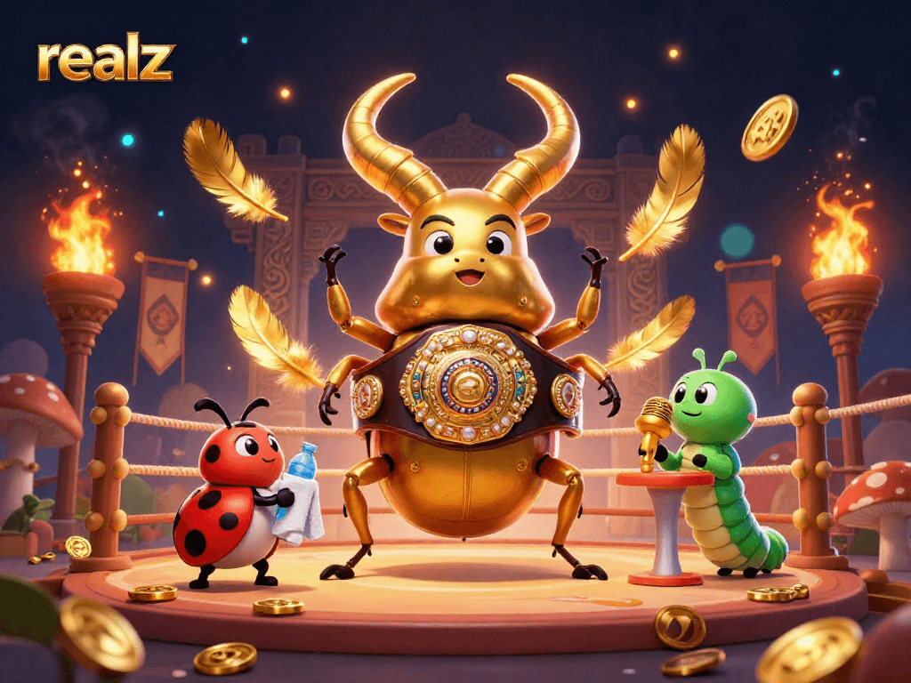 Realz zeigt einen 3D-fantastischen Wettkampf mit einem goldenen Käfer, der gegen symbolische Wettspiele kämpft.