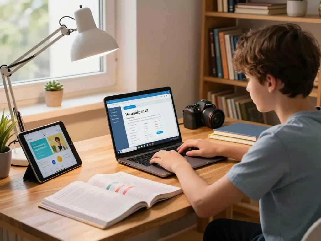 Schüler nutzt Hausaufgaben KI an einem Schreibtisch mit Büchern und Laptop