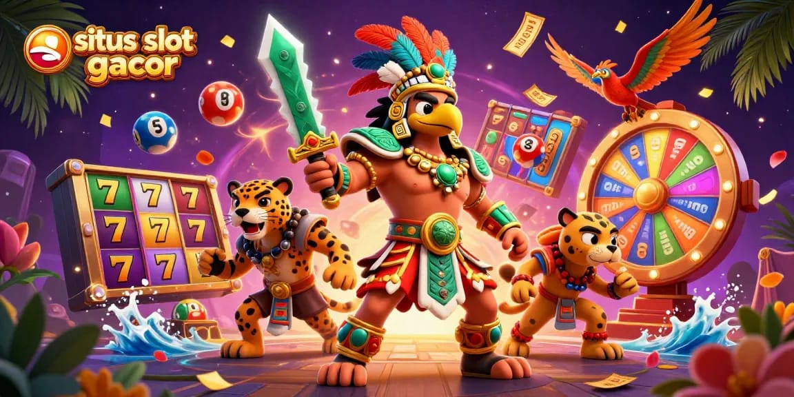 Sit and win on situs slot gacor with colorful slot reels and an Aztec warrior amid a thrilling casino scene.