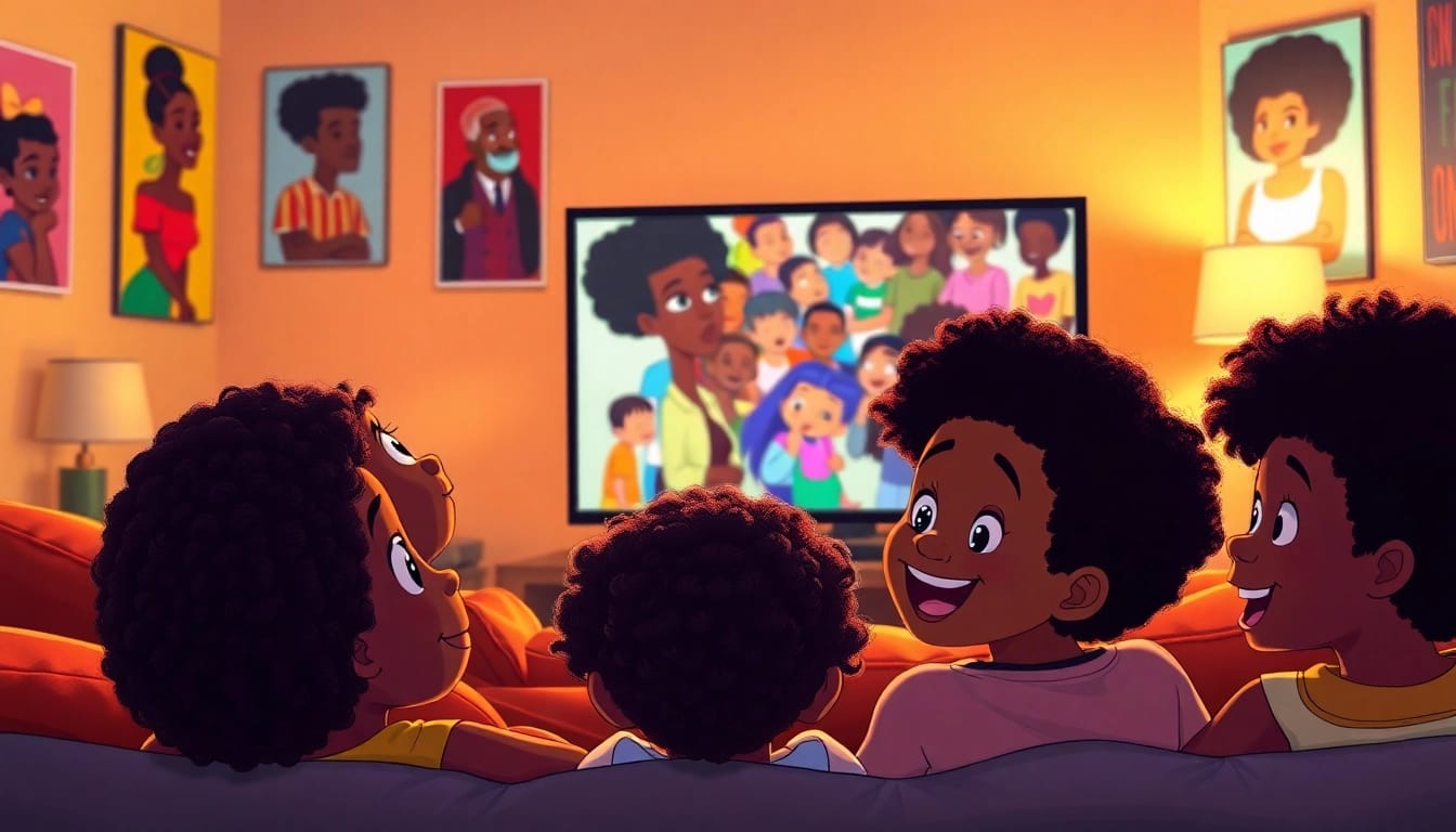 Diverse children enjoying African American Cartoons in a colorful living room.